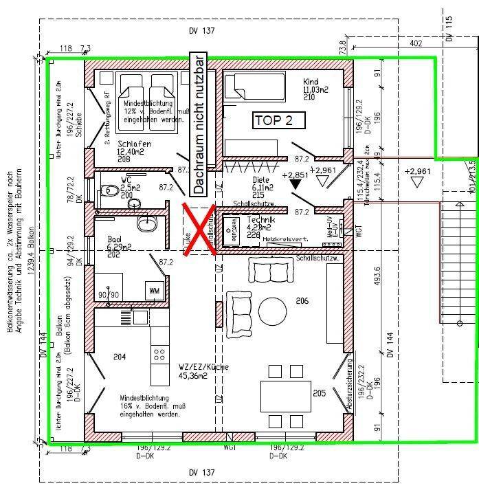 Grundriss der Wohnung mit drei Schlafzimmern, offenem Wohnbereich und Balkon.
