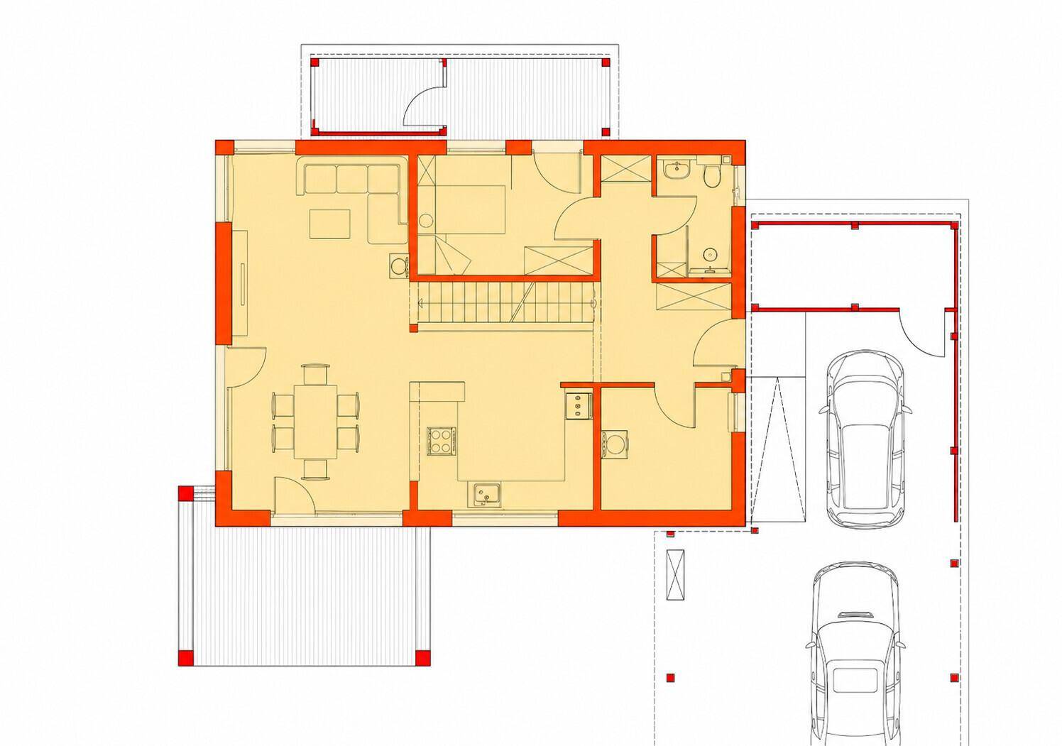 Grundriss des Erdgeschosses mit offenem Wohn-Essbereich, Küche, Gäste-WC, zwei Terrassen und einer Doppelgarage.