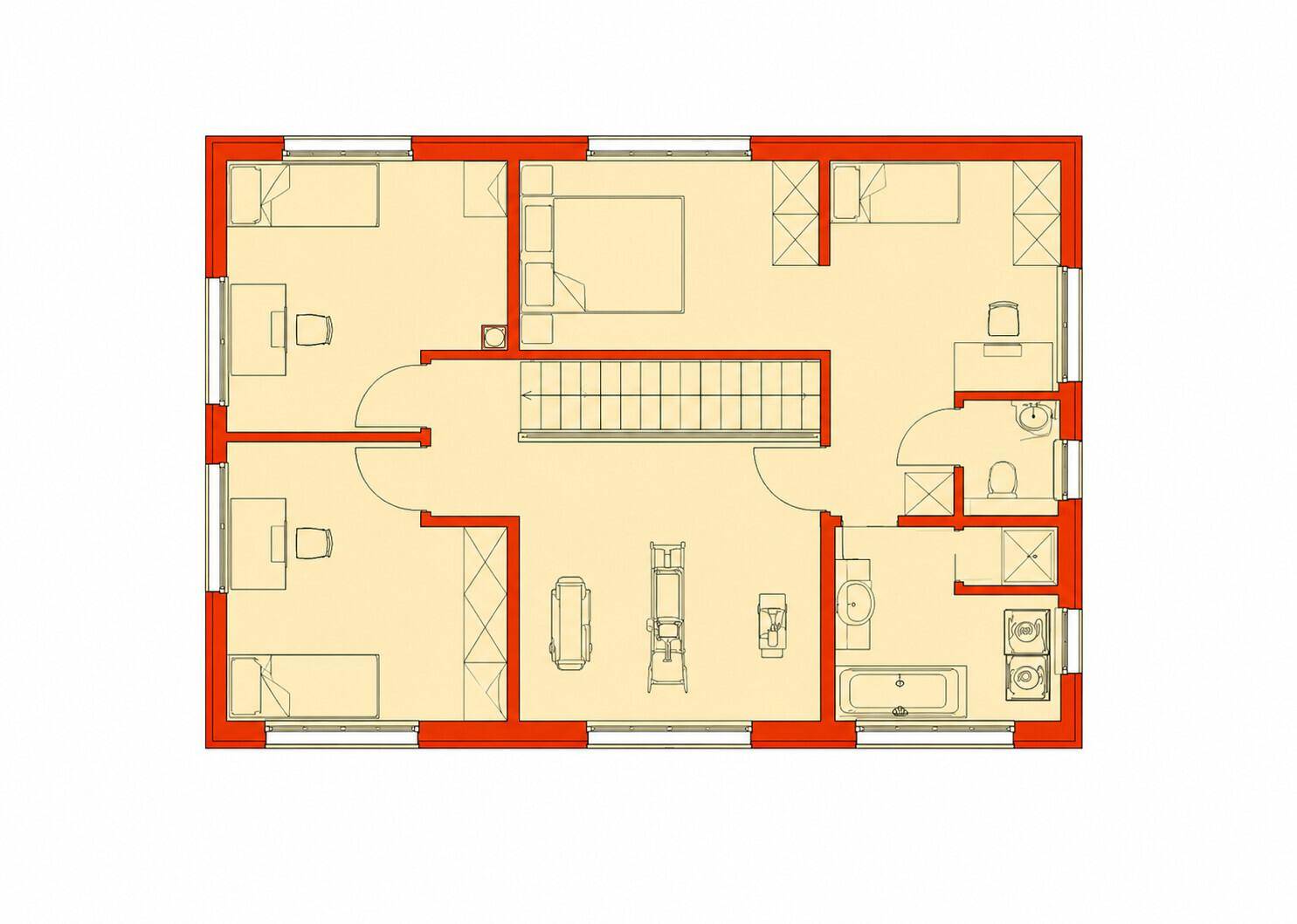 Grundriss des Obergeschosses mit mehreren Schlafzimmern und zwei Badezimmern, inklusive Badewanne und Dusche.