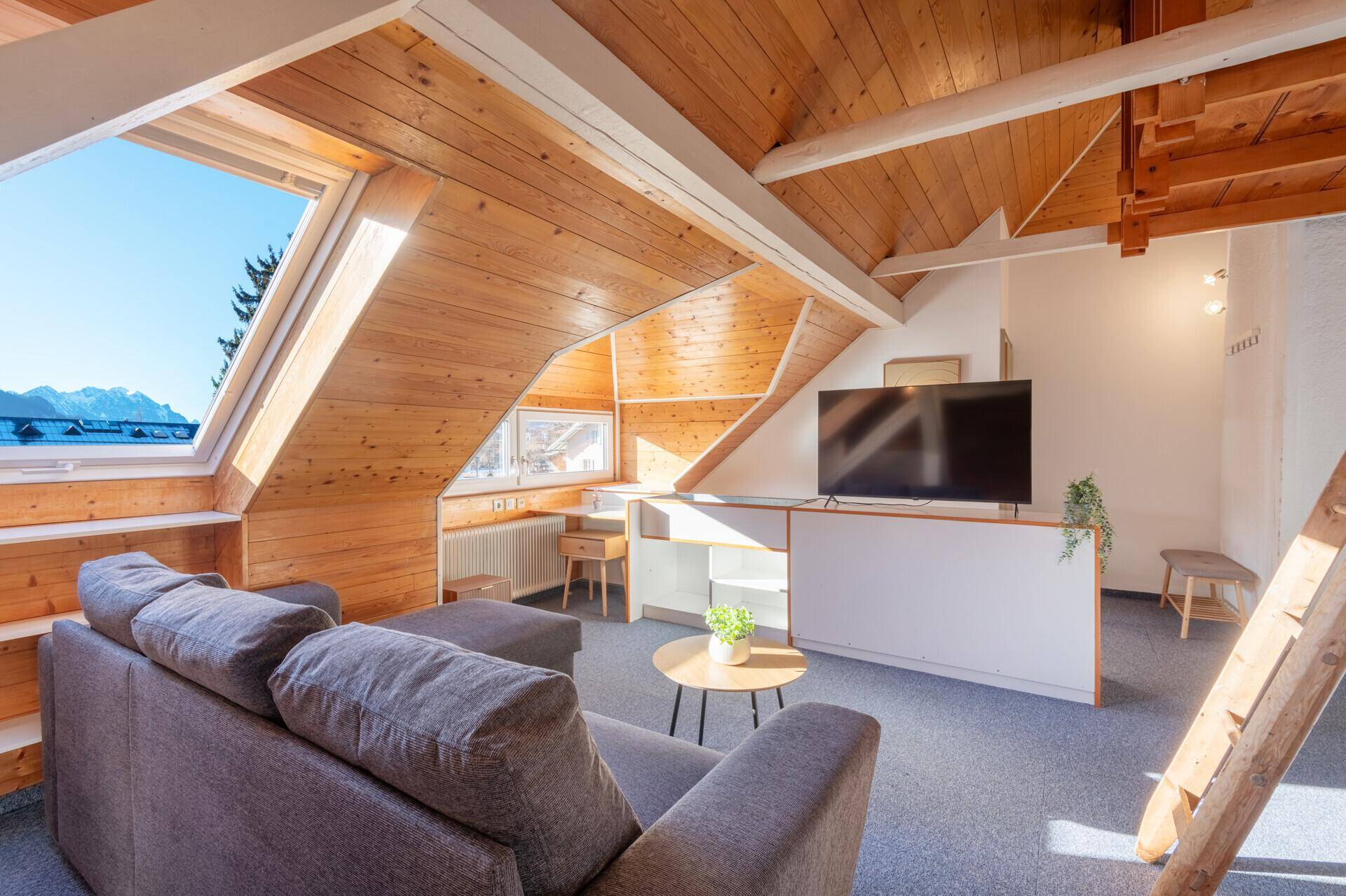 Gemütliches Dachgeschoss-Wohnzimmer mit Holzwänden, Dachfenstern und Sofa.