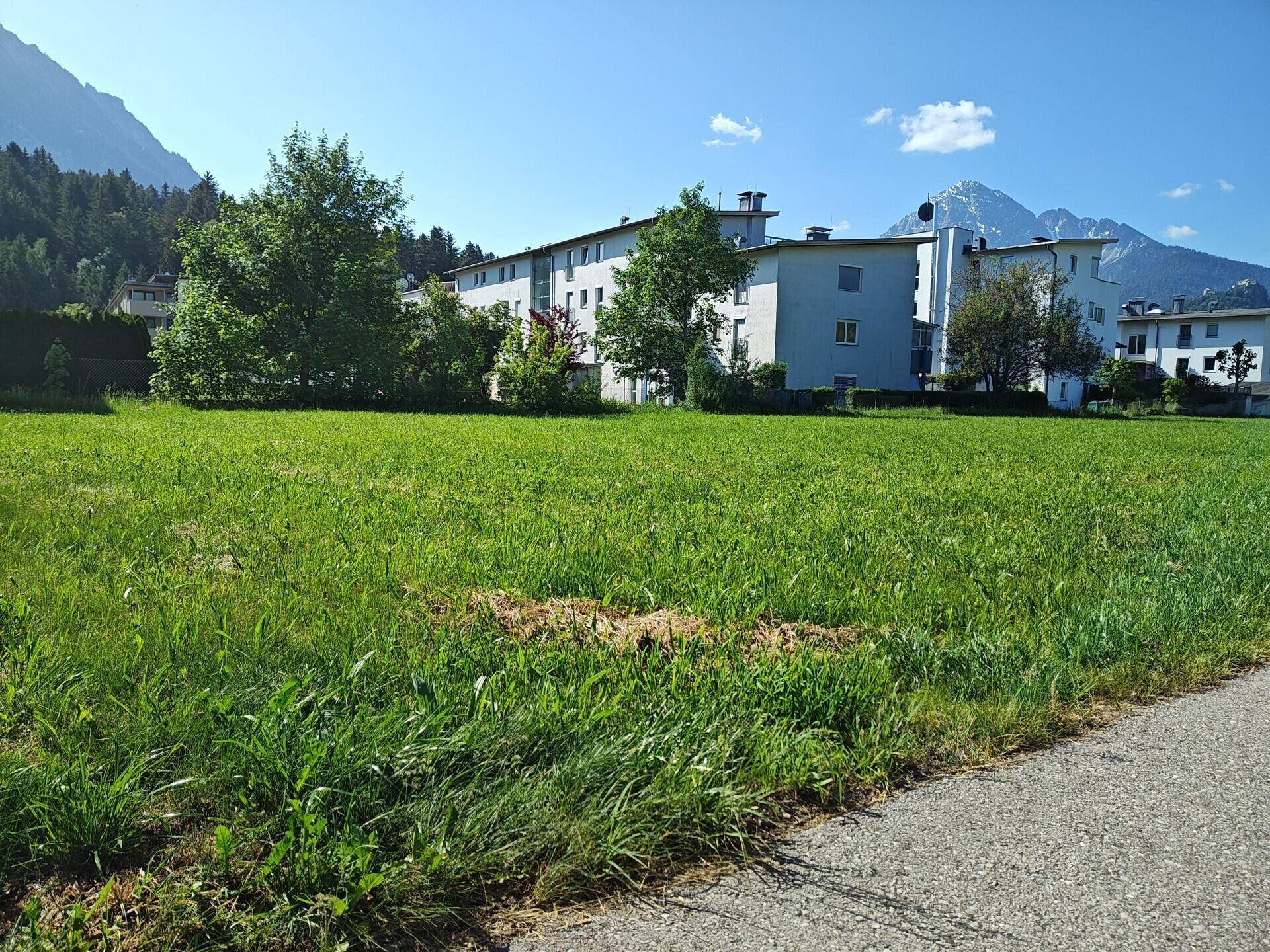 Weitläufige grüne Wiese vor einem Mehrfamilienhaus mit Bergen im Hintergrund an einem sonnigen Tag.