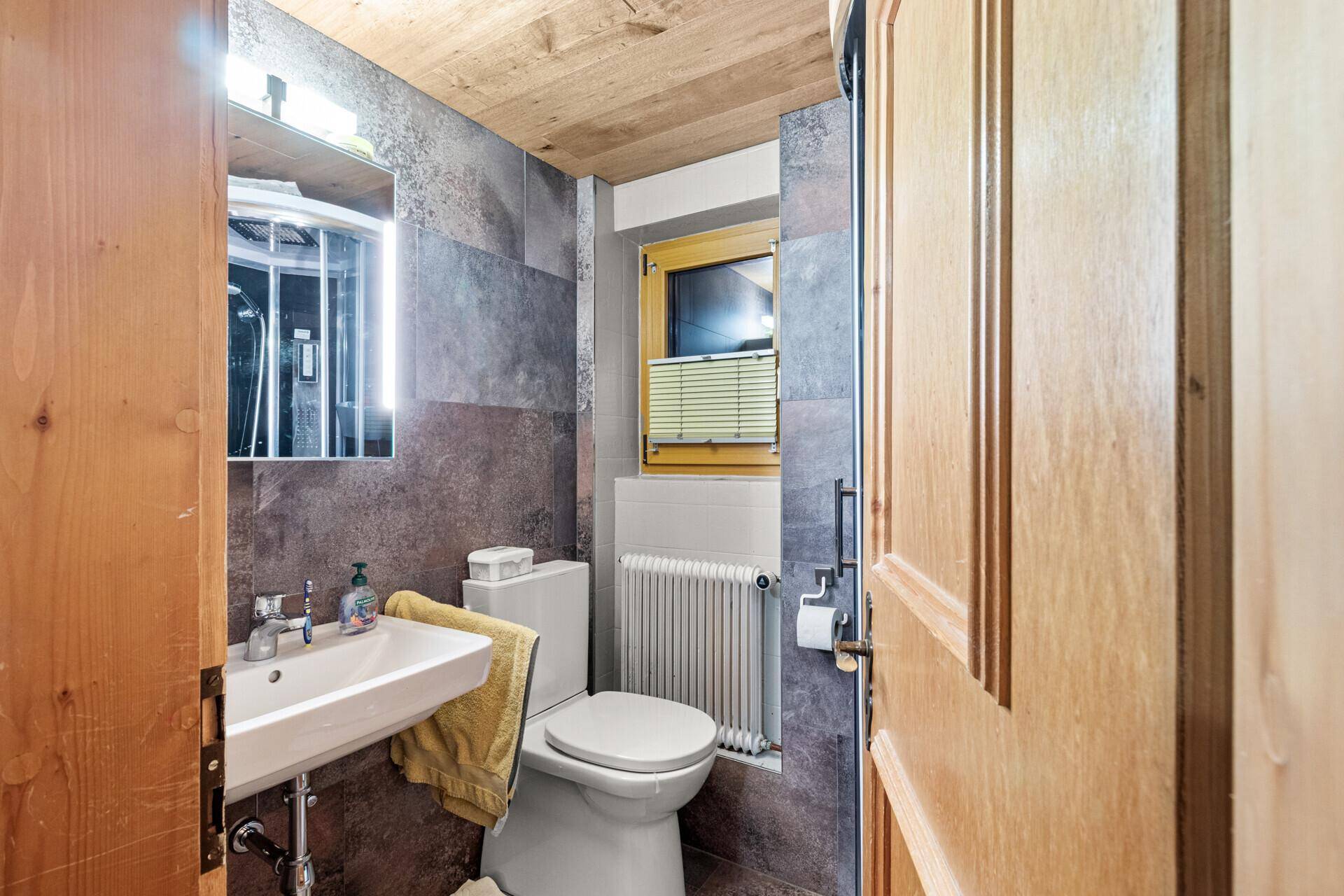 Modernes Badezimmer mit Dusche, WC und Waschbecken, das funktional und stilvoll ist.