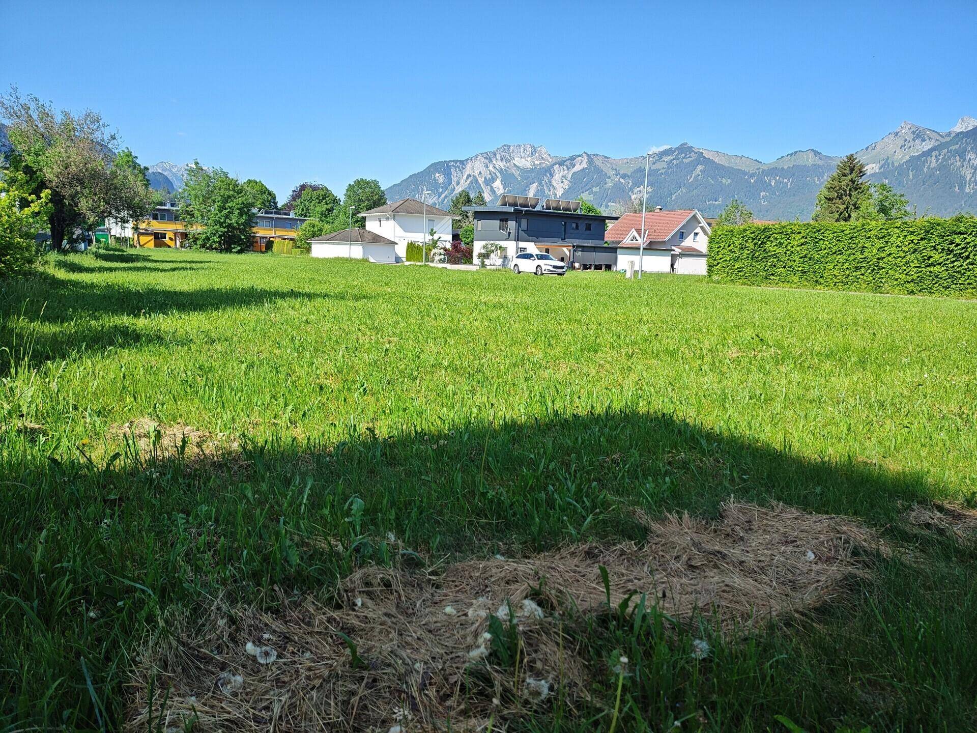 Sonnige grüne Wiese mit modernen Wohnhäusern und einer beeindruckenden Bergkulisse im Hintergrund.