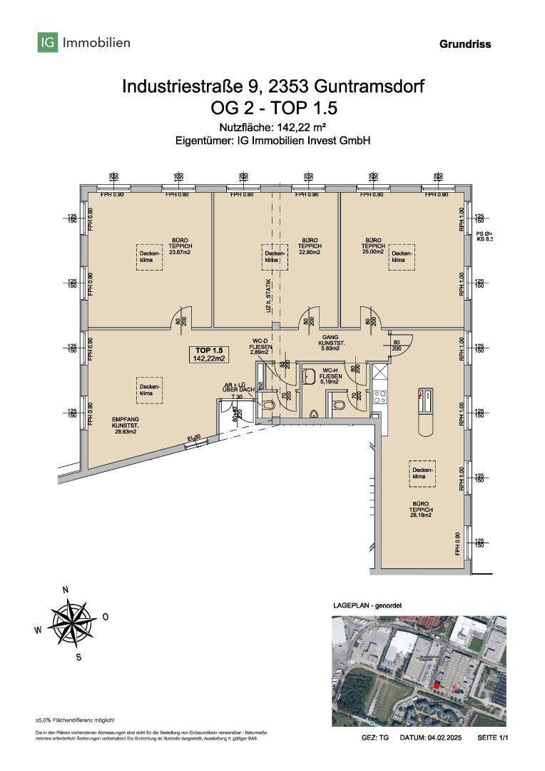 Grundrissplan für ein Büro im zweiten Obergeschoss mit einer Nutzfläche von 142,22 m².