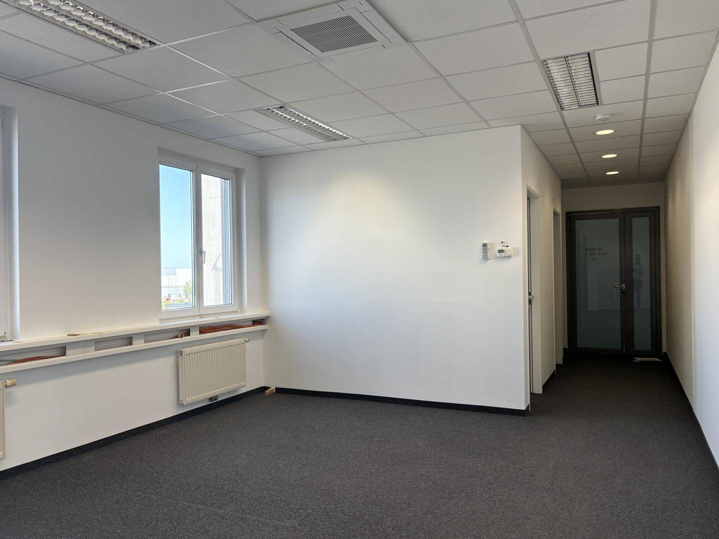 Leeres Büro mit Teppichboden und weiß gestrichenen Wänden, bereit für die individuelle Gestaltung.