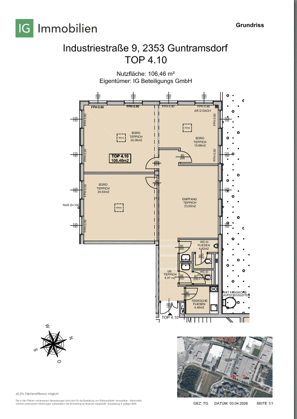 Detaillierter Grundriss einer Büroeinheit mit 106,46 m² Nutzfläche und Raumaufteilung.
