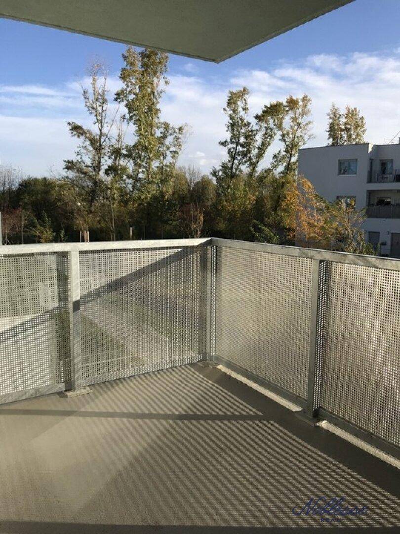 Moderner Balkon mit perforiertem Metallgeländer und Blick auf Bäume und umliegende Gebäude.
