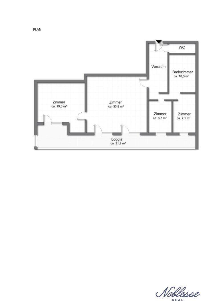 Grundrissplan mit mehreren Zimmern, einem Badezimmer, WC und einer Loggia.