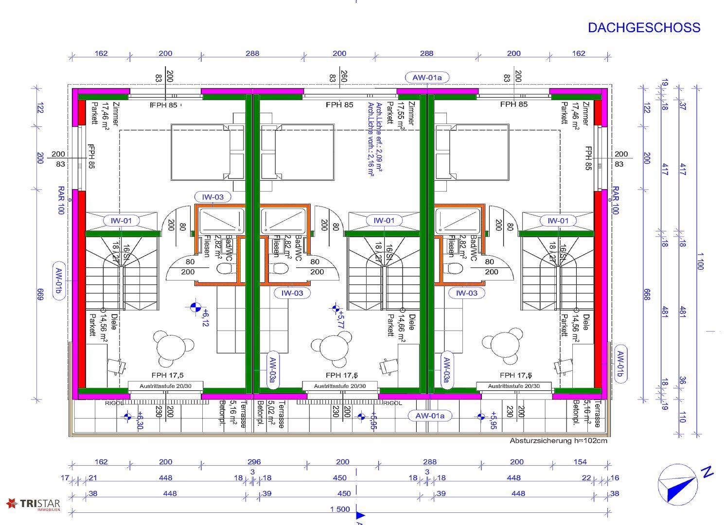 Grundriss des Dachgeschosses mit Schlafzimmern, Bädern, Terrassen und Dachschrägen.