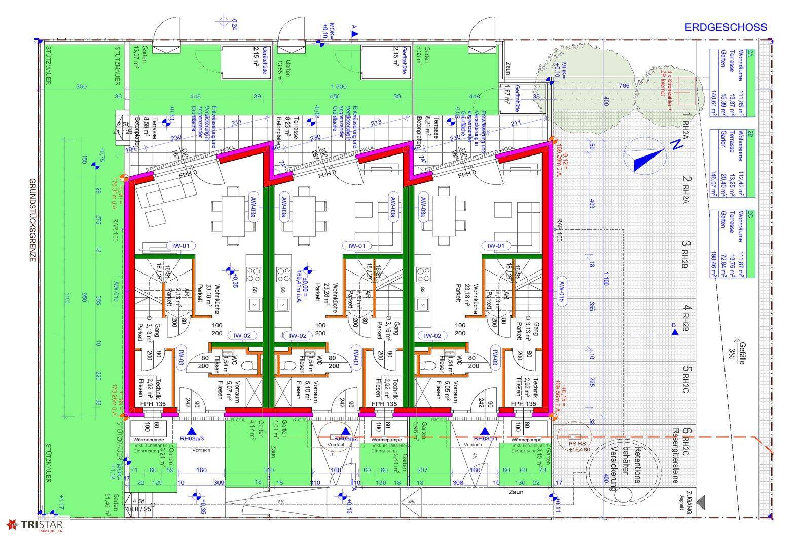 Grundriss des Erdgeschosses mit offenem Wohnbereich, Küche, Gäste-WC, Terrasse und Garten.
