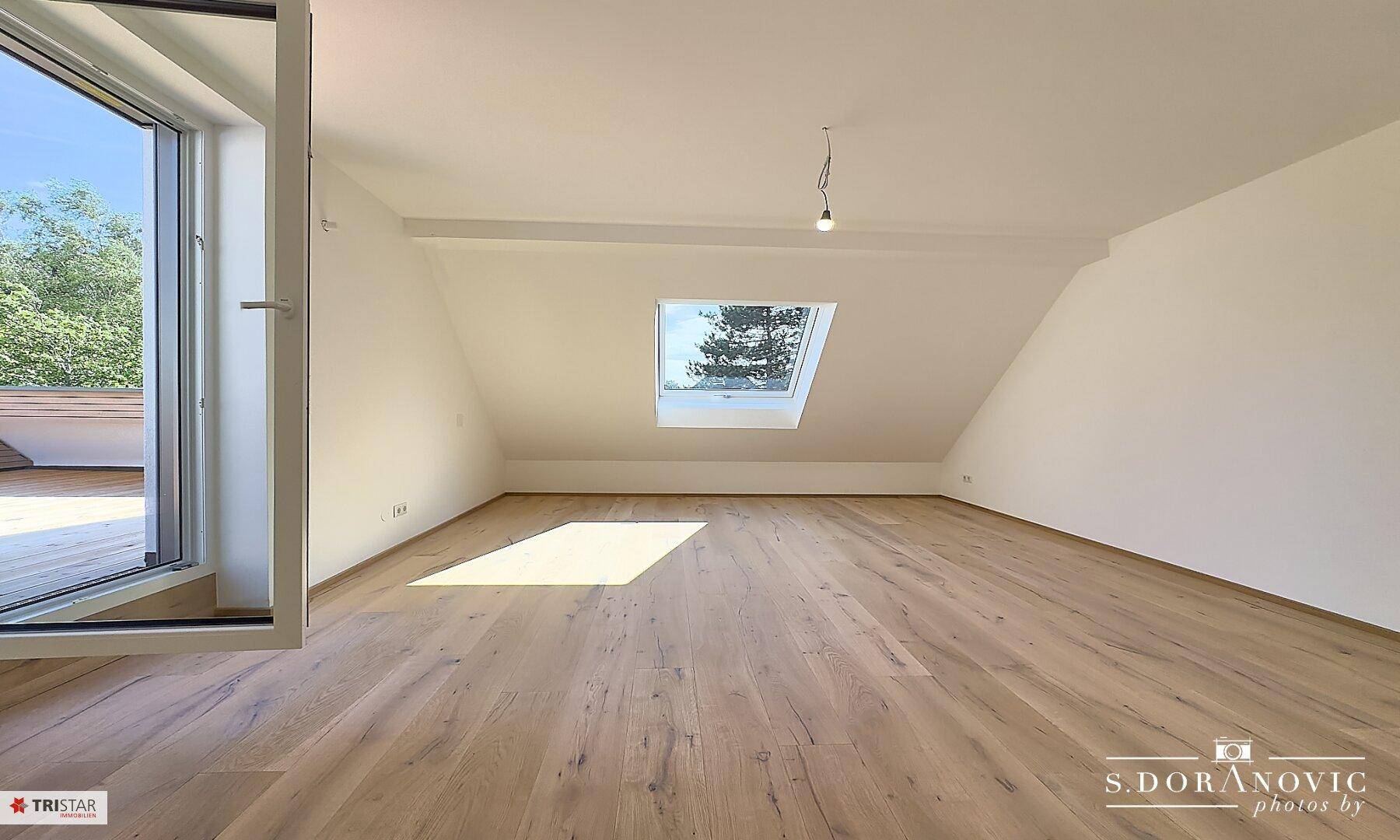 Geräumiger Dachbodenraum mit Holzboden, Dachschrägen und einem hellen Dachfenster.