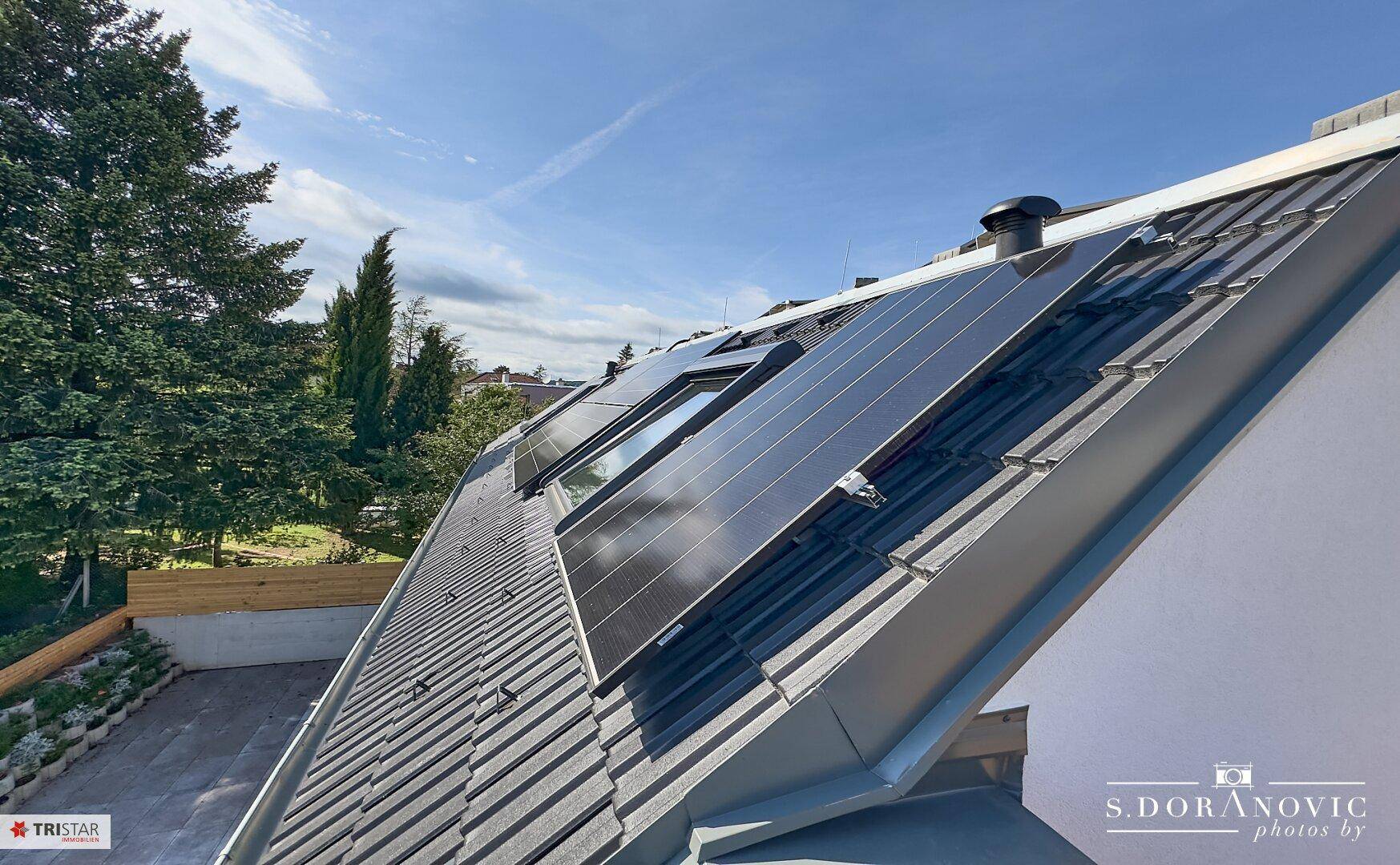Dachfläche mit modernen Photovoltaikmodulen und Dachfenstern für nachhaltige Energiegewinnung.