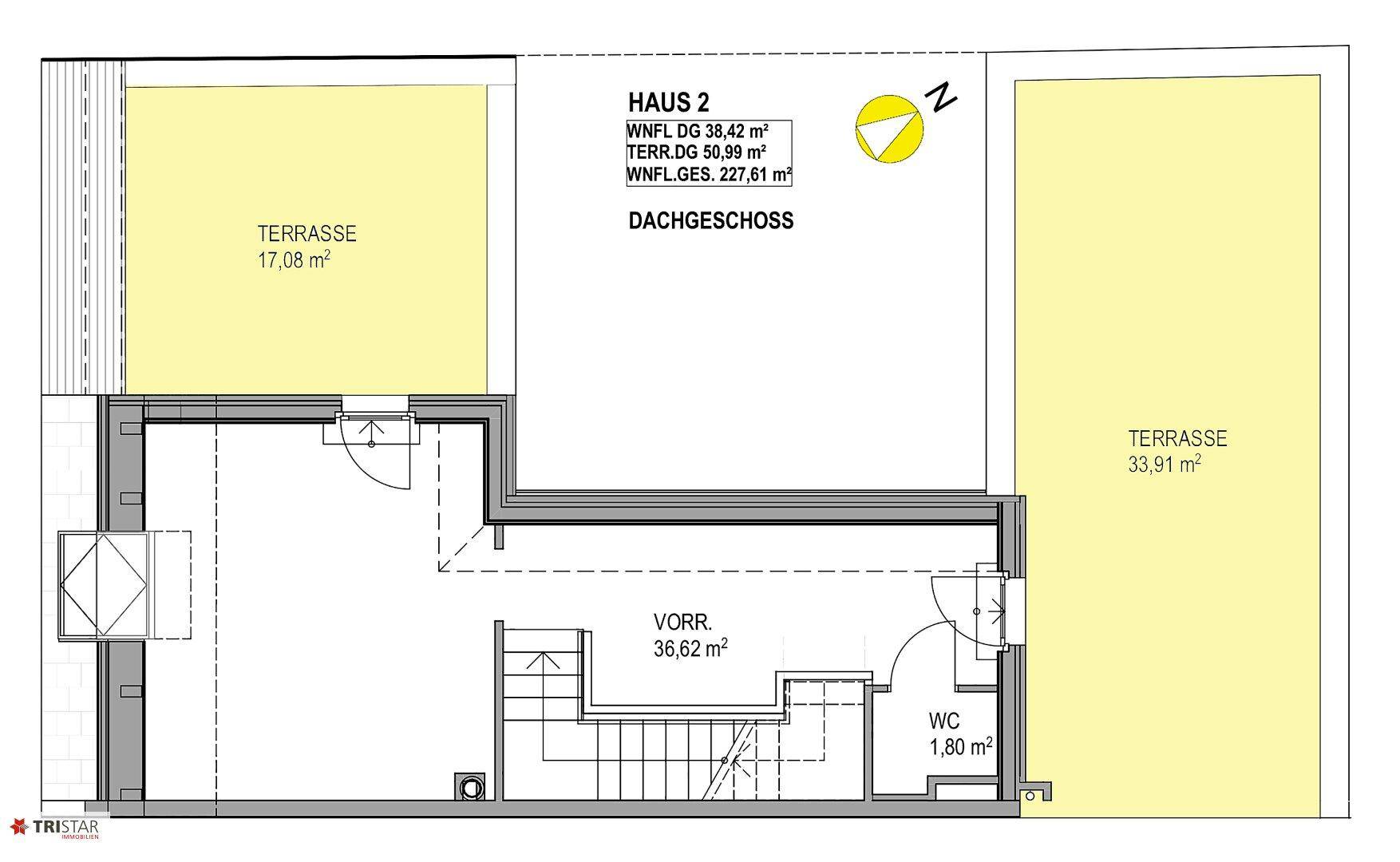 Grundriss des Dachgeschosses von Haus 2 mit zwei Terrassen und einem separaten WC.