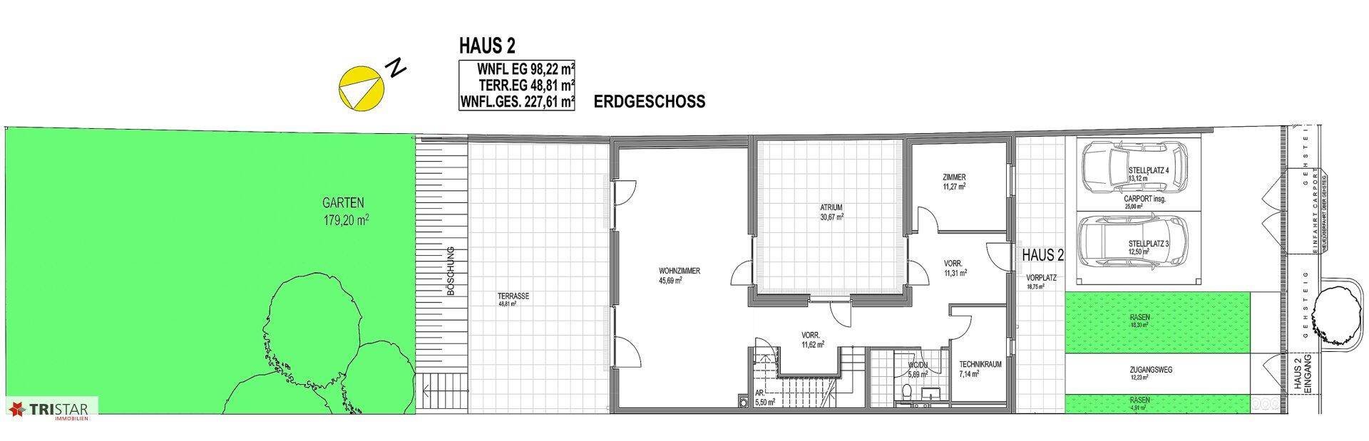 Grundriss des Erdgeschosses von Haus 2 mit Garten, Terrasse und Wohnbereich.