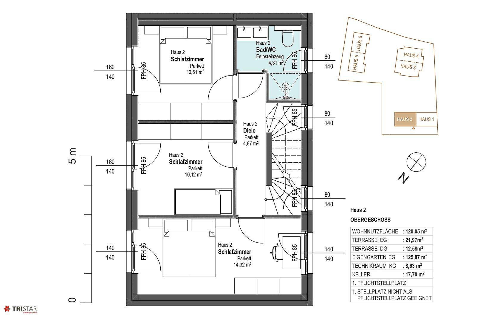 Grundriss des Obergeschosses von Haus 2 mit drei Schlafzimmern und einem Badezimmer.