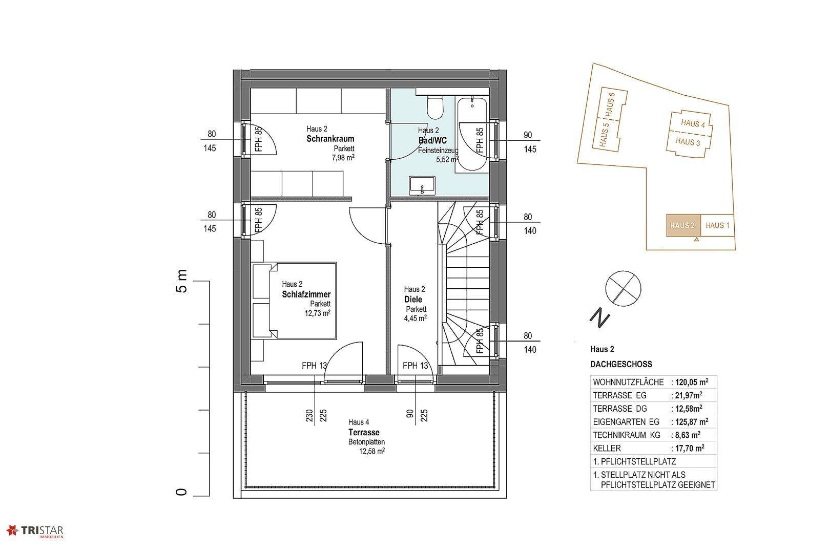 Grundriss des Dachgeschosses von Haus 2 mit Schlafzimmer, Schrankraum, Bad/WC und Dachterrasse.