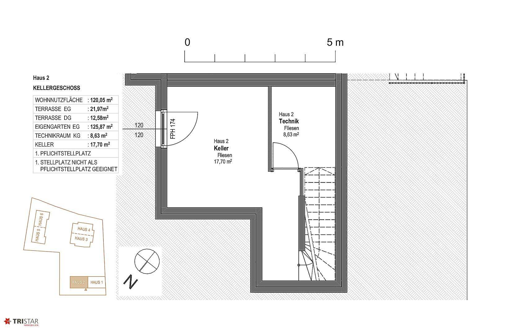 Grundriss des Kellergeschosses von Haus 2 mit Kellerraum und Technikraum.