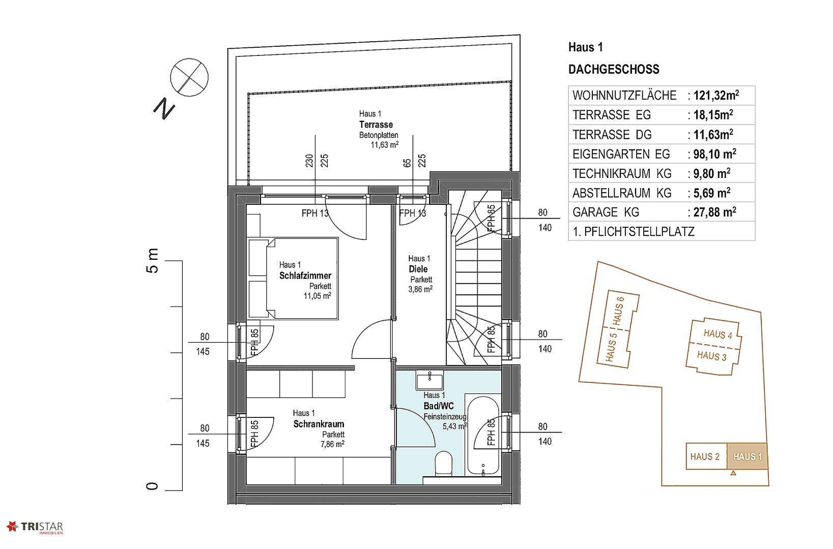 Grundriss des Dachgeschosses von Haus 1 mit Schlafzimmer, Schrankraum, Bad/WC und Dachterrasse.