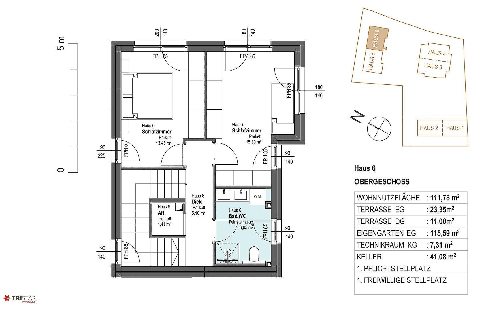 Grundriss des Obergeschosses von Haus 6 mit zwei Schlafzimmern, Badezimmer und Abstellraum.