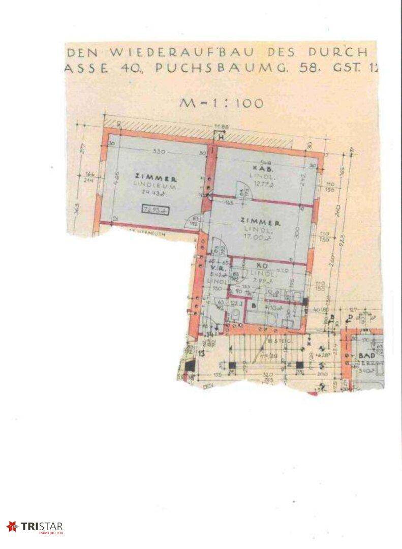 Historischer Grundriss einer Wohnung mit mehreren Zimmern, separater Küche und Bad.
