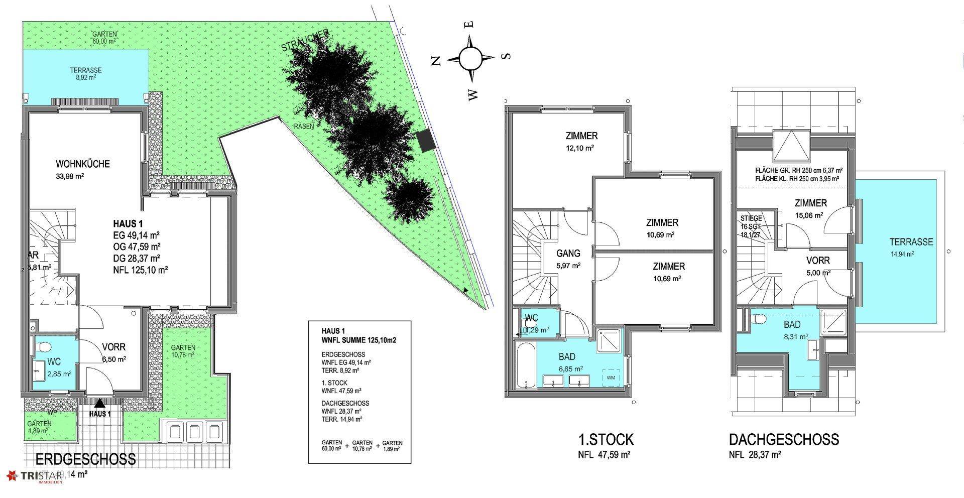 Grundrisspläne für Erdgeschoss, 1. Stock und Dachgeschoss mit Garten und Terrasse.