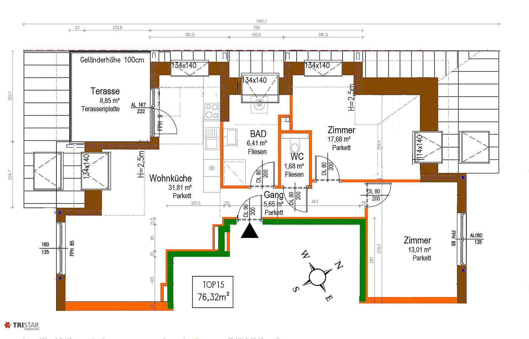 Grundriss einer Wohnung mit Wohnküche, Bad, WC, zwei Zimmern und einer Terrasse.