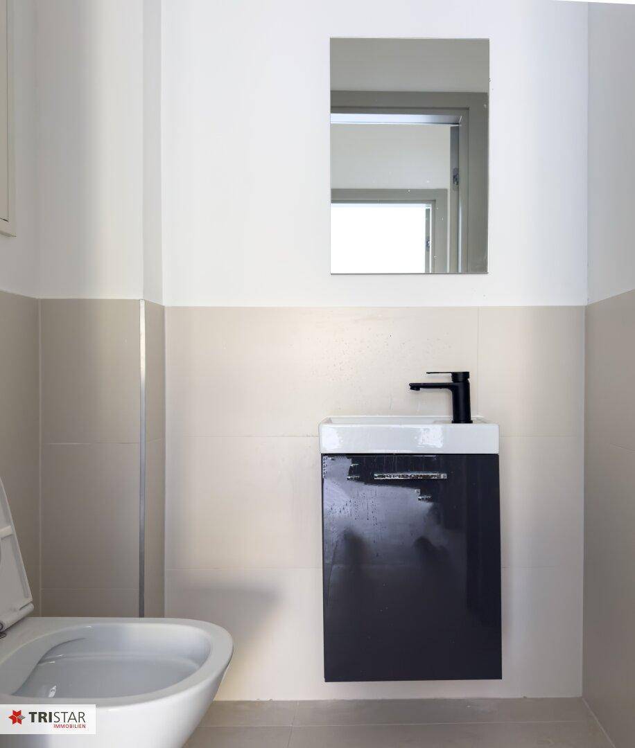 Modernes Gäste-WC mit wandhängender Toilette, kleinem Waschbecken und einem Spiegel.