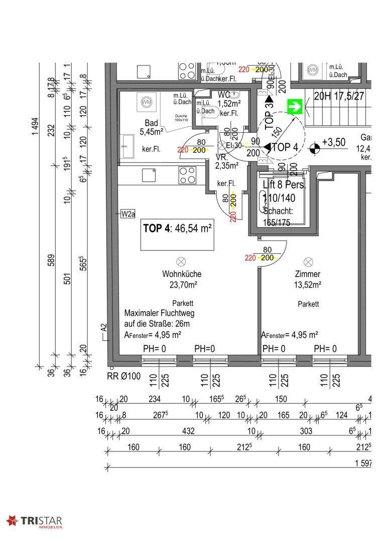 Detaillierter Grundriss einer Wohnung mit Wohnküche, Zimmern und Bad.