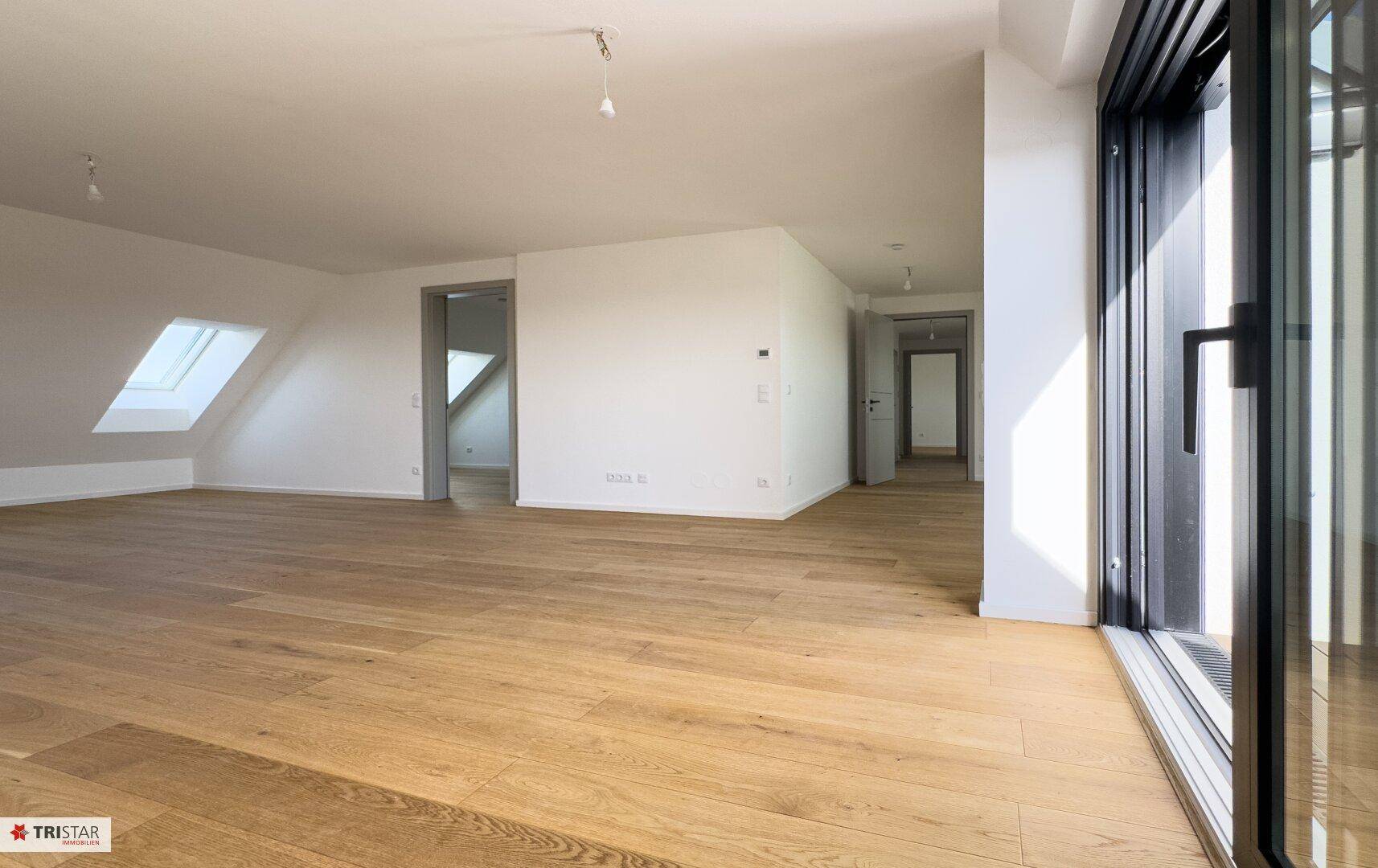 Weitläufiger Wohnbereich mit hellem Holzboden und Dachfenstern, die den Raum mit Licht füllen.
