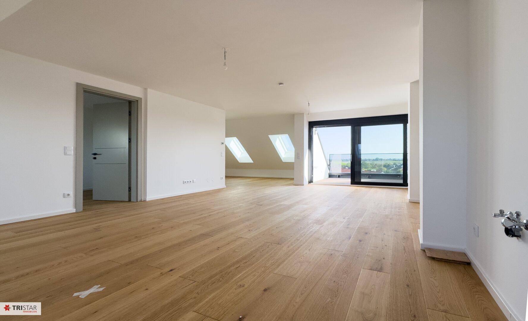 Großzügiger Wohnraum mit Holzboden, Dachfenstern und Zugang zu einem Außenbereich, sehr hell.