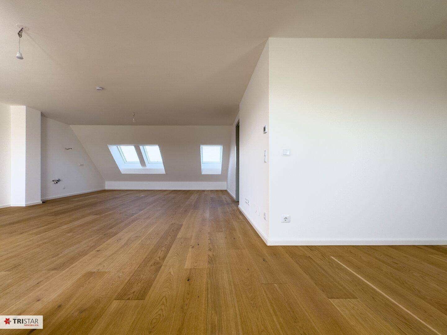 Heller Wohnraum mit schrägen Wänden und Dachfenstern, die eine gemütliche Atmosphäre schaffen.