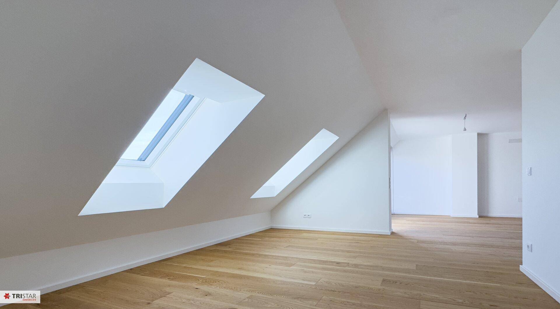 Lichtdurchfluteter Raum mit Holzboden und zwei großen Dachfenstern, die den Blick nach draußen öffnen.
