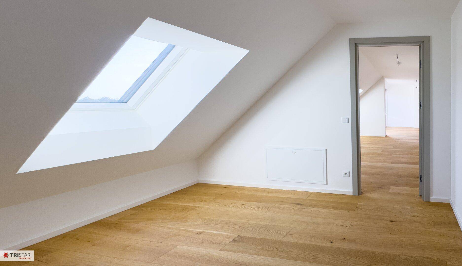 Helles Zimmer mit Holzboden und einem großen Dachfenster, das den Raum erhellt.