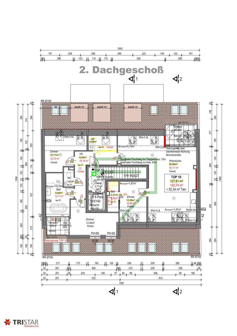 Grundriss des 2. Dachgeschosses mit Terrasse und mehreren Zimmern.