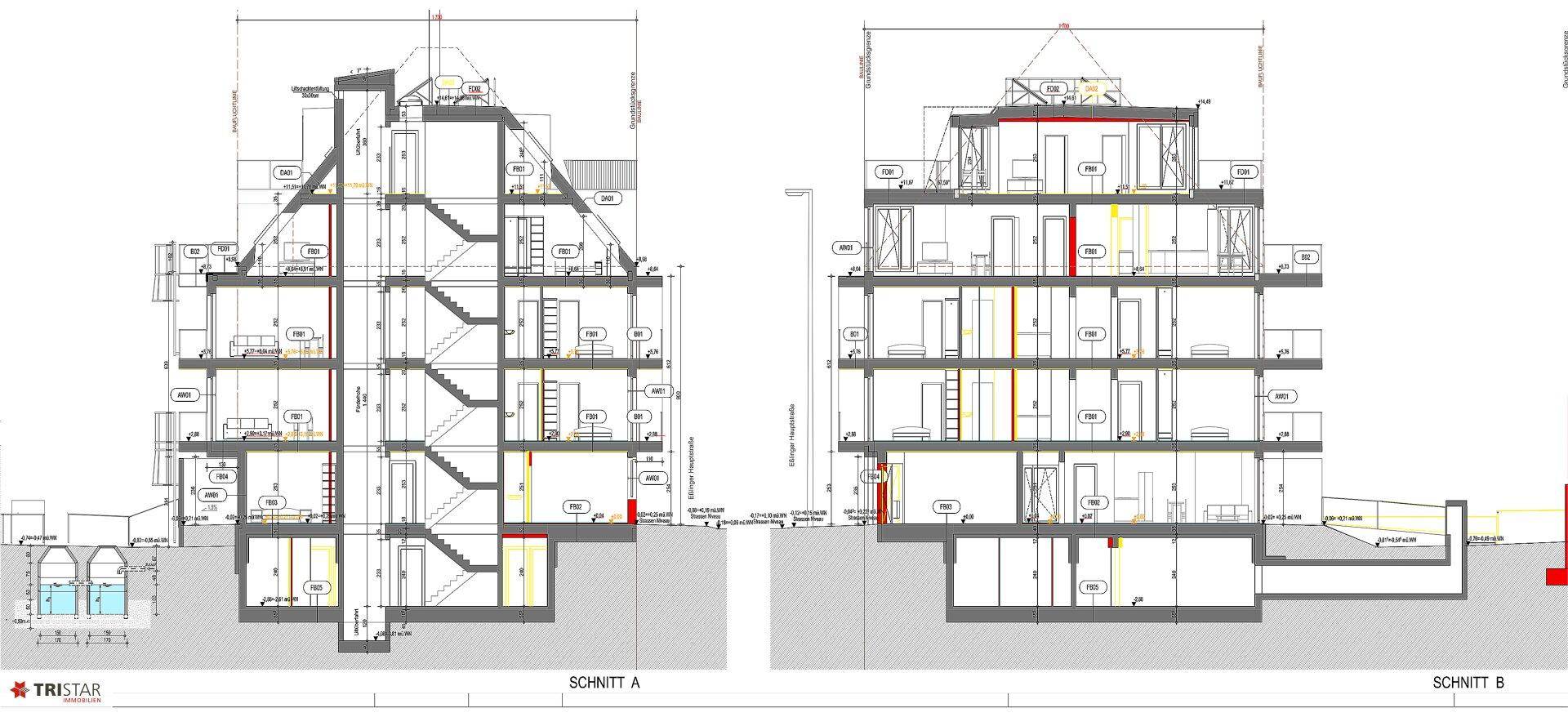 Architektonische Querschnitte eines Mehrfamilienhauses mit Keller, mehreren Etagen, Balkonen und Mansarddach.