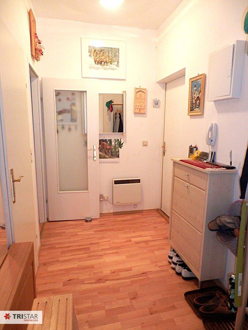 Heller Flur mit Holzfußboden, Schuhschrank und Zugang zu weiteren Räumen.