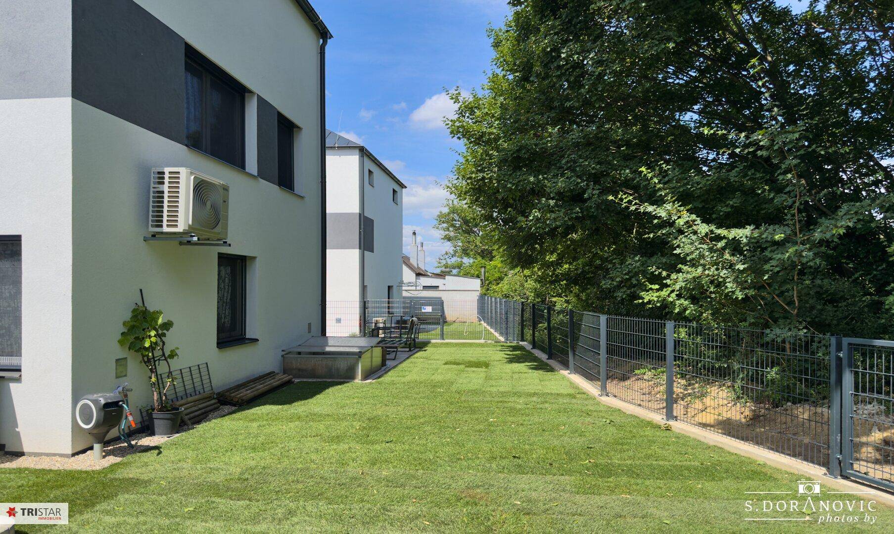 Schmaler, eingezäunter Gartenbereich mit Rasen und Bäumen neben dem modernen Haus.