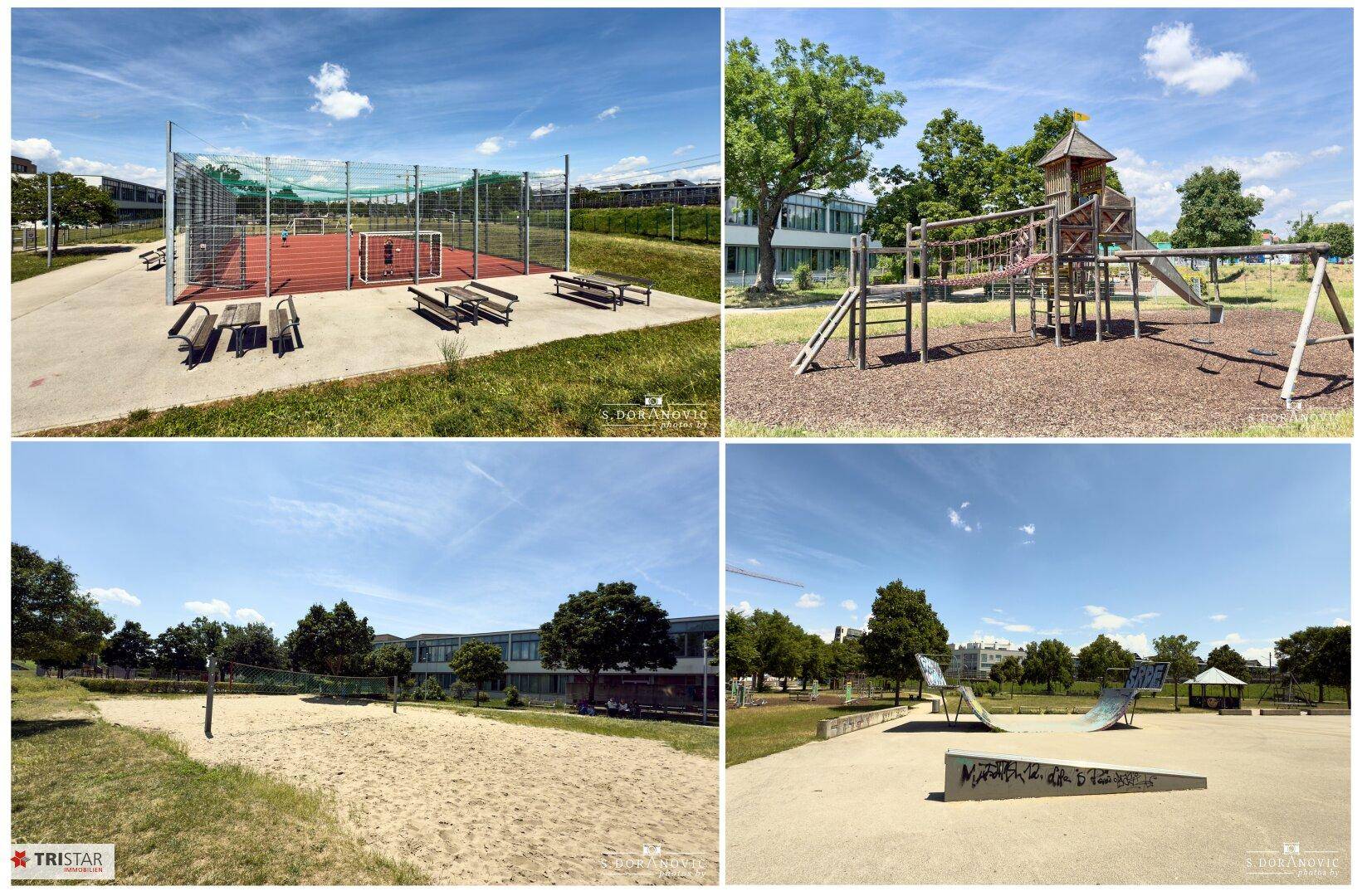 Vier verschiedene Außenbereiche mit Sportplätzen, einem Spielplatz und einem Skatepark.