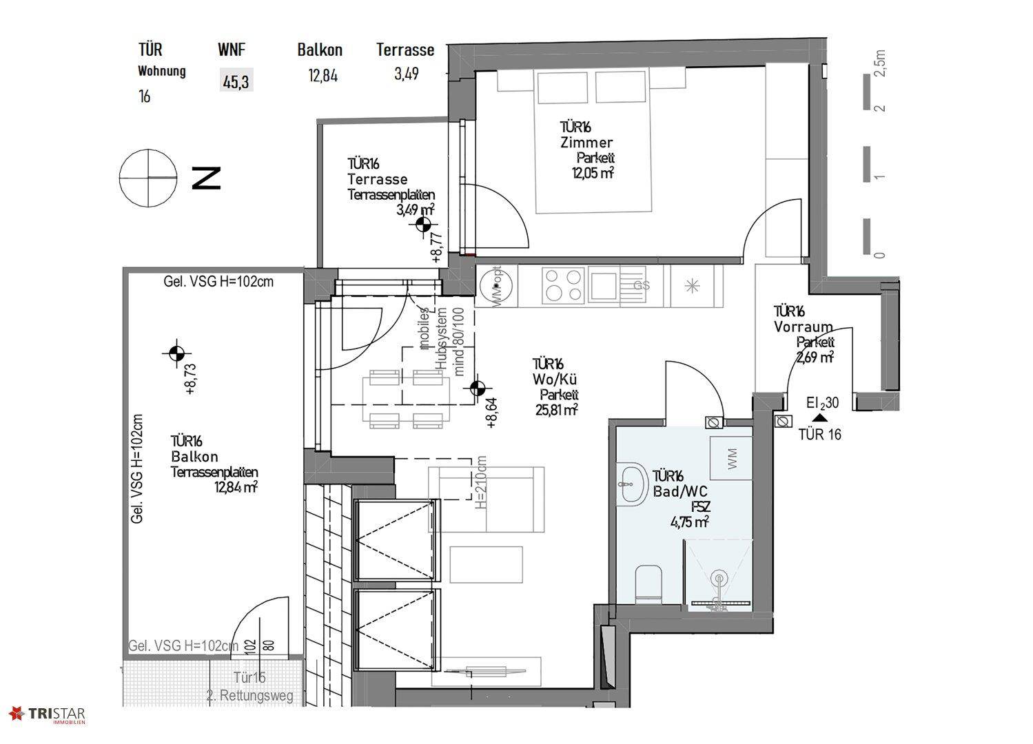 Grundriss einer Wohnung mit einem Schlafzimmer, offenem Wohn-Küchenbereich und zwei Außenbereichen.