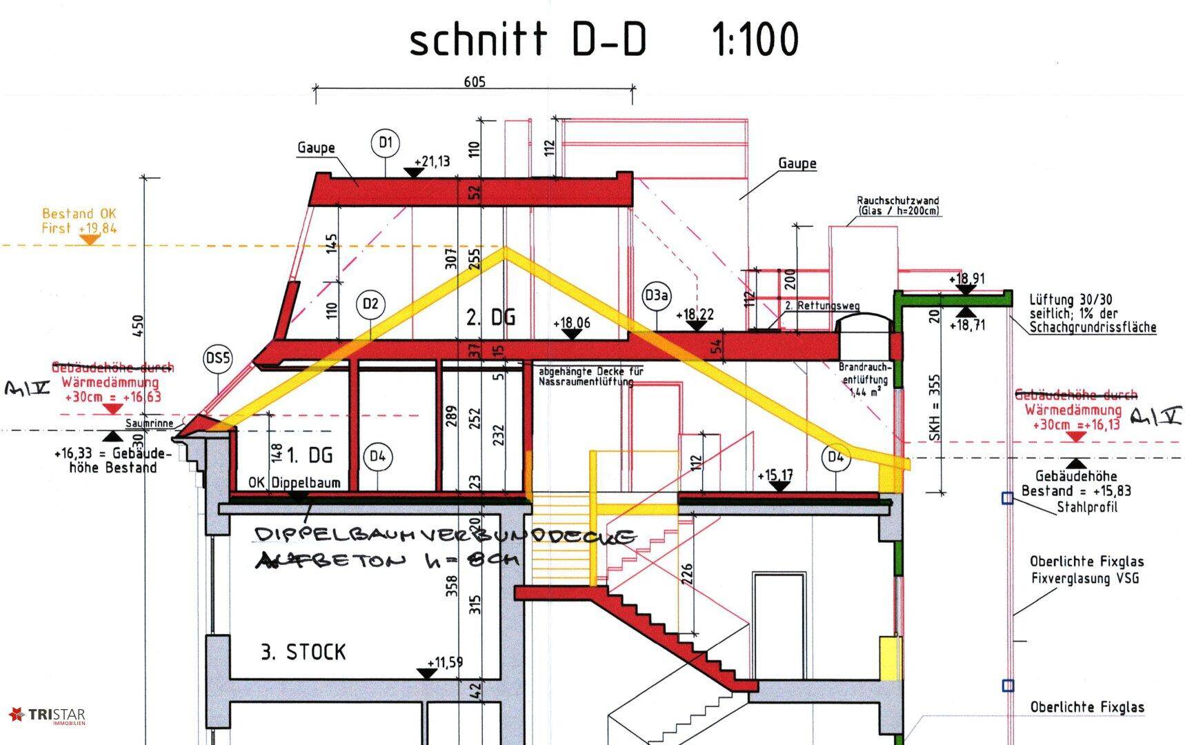 Architektonischer Schnitt D-D des Gebäudes, der die Dachgeschosse, Treppen und Dachkonstruktion zeigt.