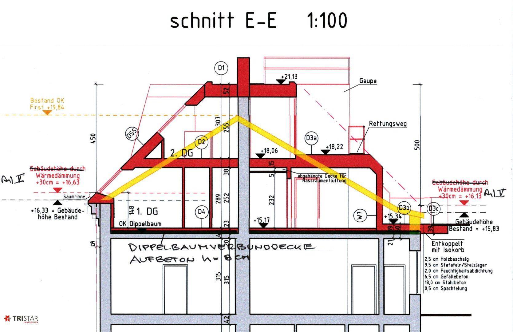 Architektonischer Schnitt E-E zeigt die vertikale Struktur des Gebäudes und die Dachform.