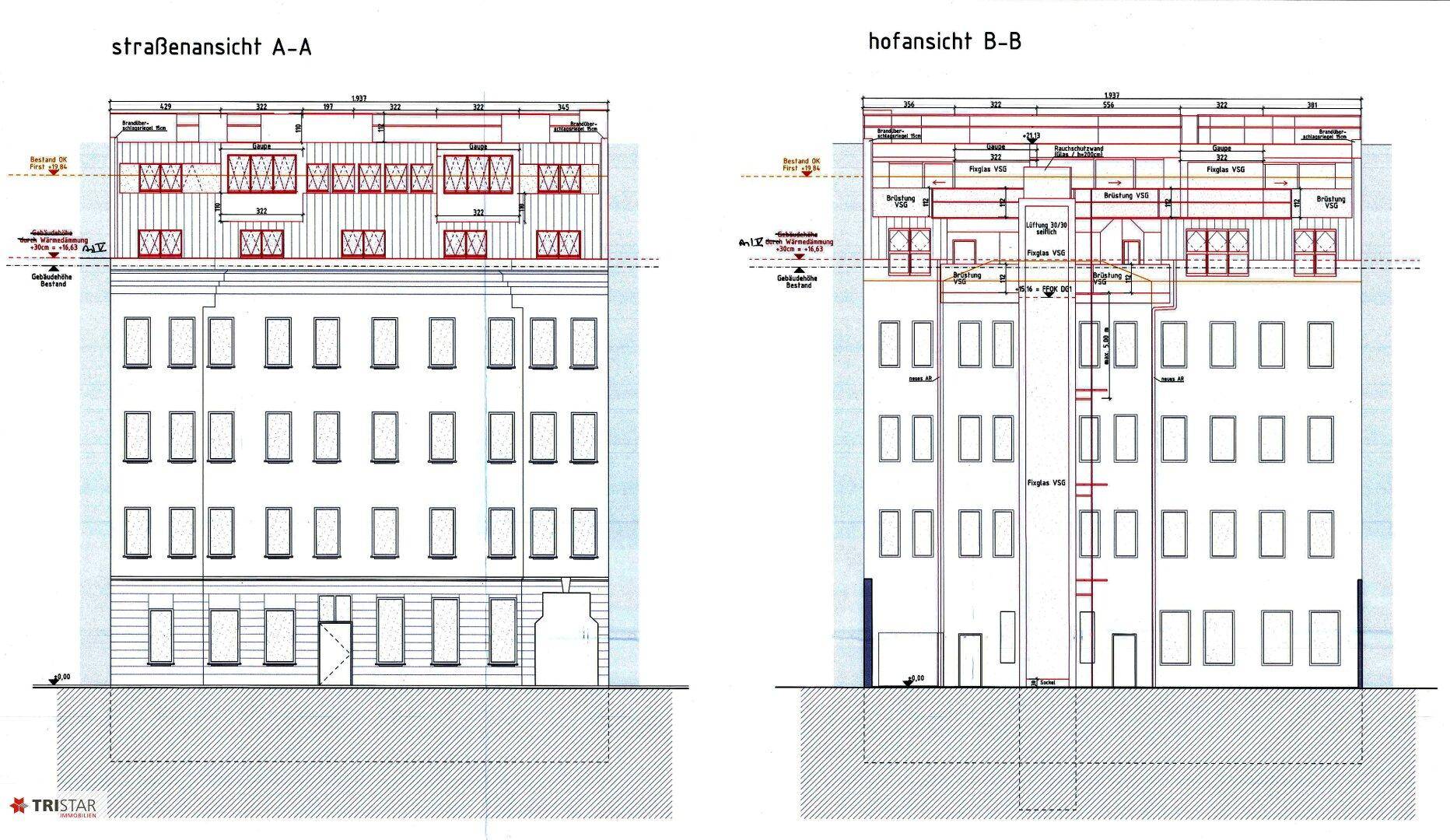 Straßen- und Hofansicht des Gebäudes mit Fenstern und Dachgauben.