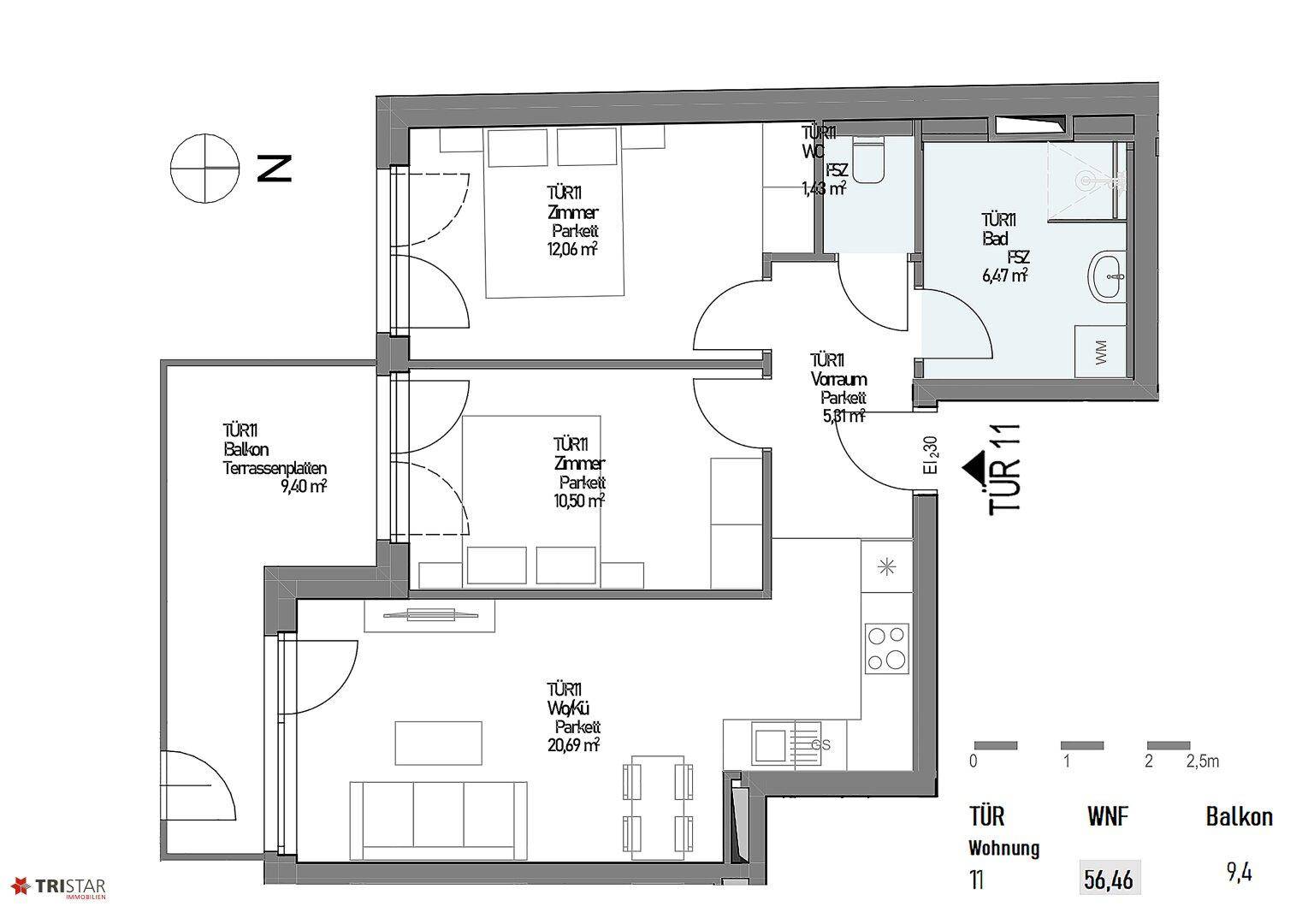 Grundriss der Wohnung 11 mit Wohnbereich, zwei Zimmern, Bad und Balkon.