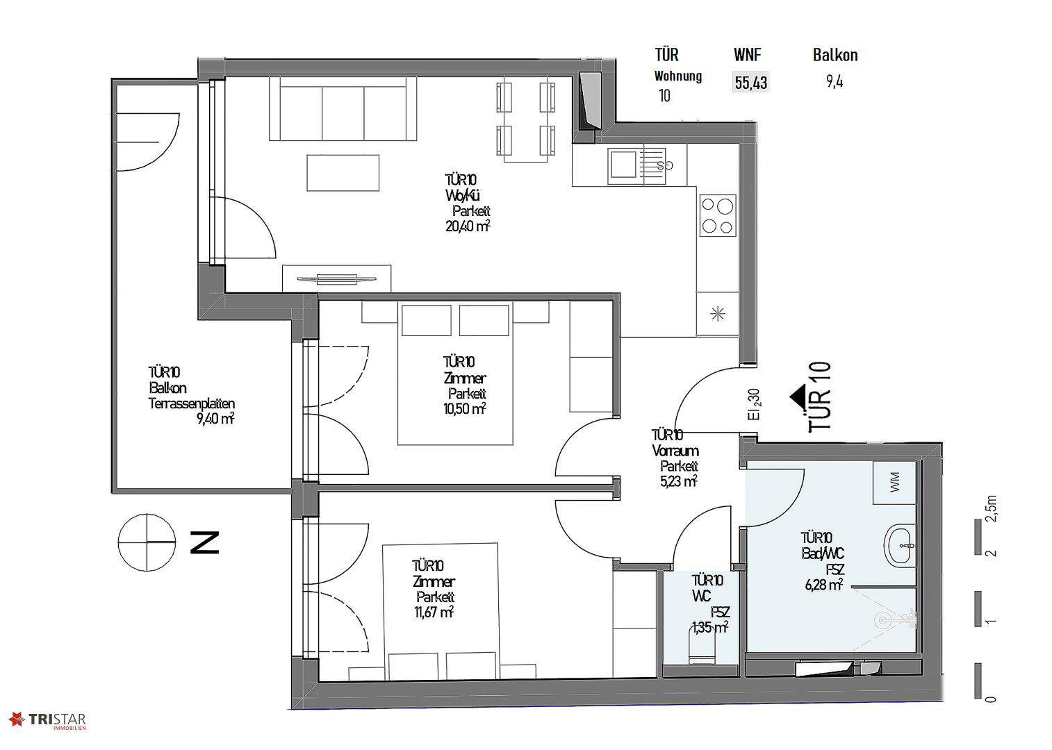 Grundriss einer Wohnung mit Wohn-/Essbereich, zwei Schlafzimmern und Balkon.