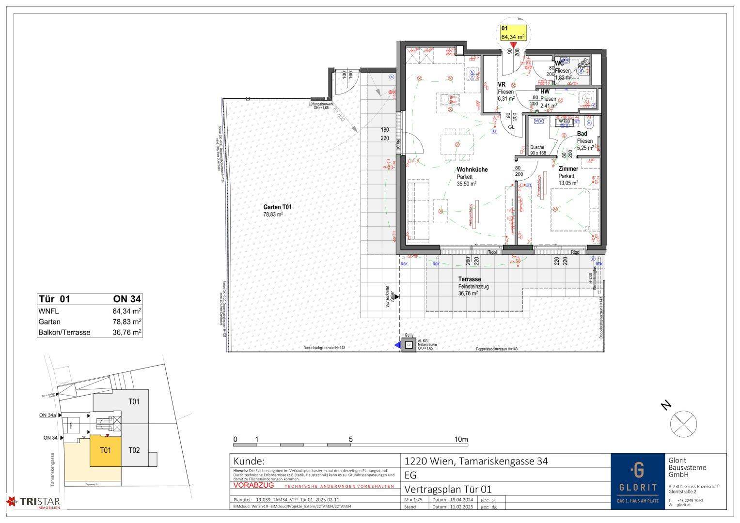 Detaillierter Grundriss von Tür 01 mit Wohnküche, Zimmer, Bad, WC, Garten und Terrasse.