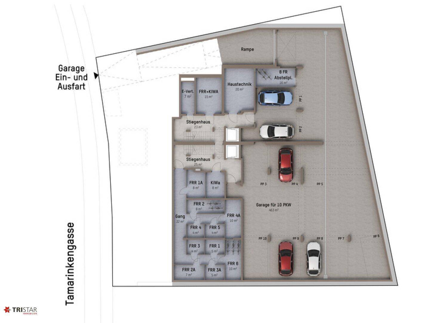 Grundriss der Tiefgarage mit Stellplätzen für mehrere PKW und Zufahrtsrampe.