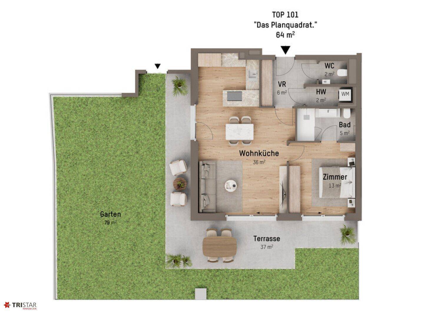 Grundriss von TOP 101 mit offener Wohnküche, einem Zimmer, Bad, WC, Garten und Terrasse.