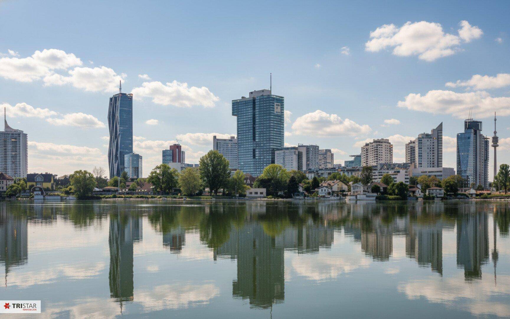Panoramablick auf die Stadt Wien mit modernen Hochhäusern und dem Donauwasser im Vordergrund.