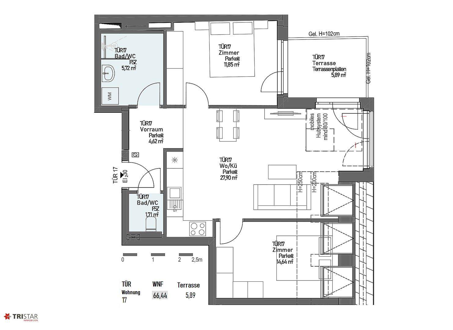 Detaillierter Grundriss einer Wohnung mit mehreren Zimmern und einer Terrasse.
