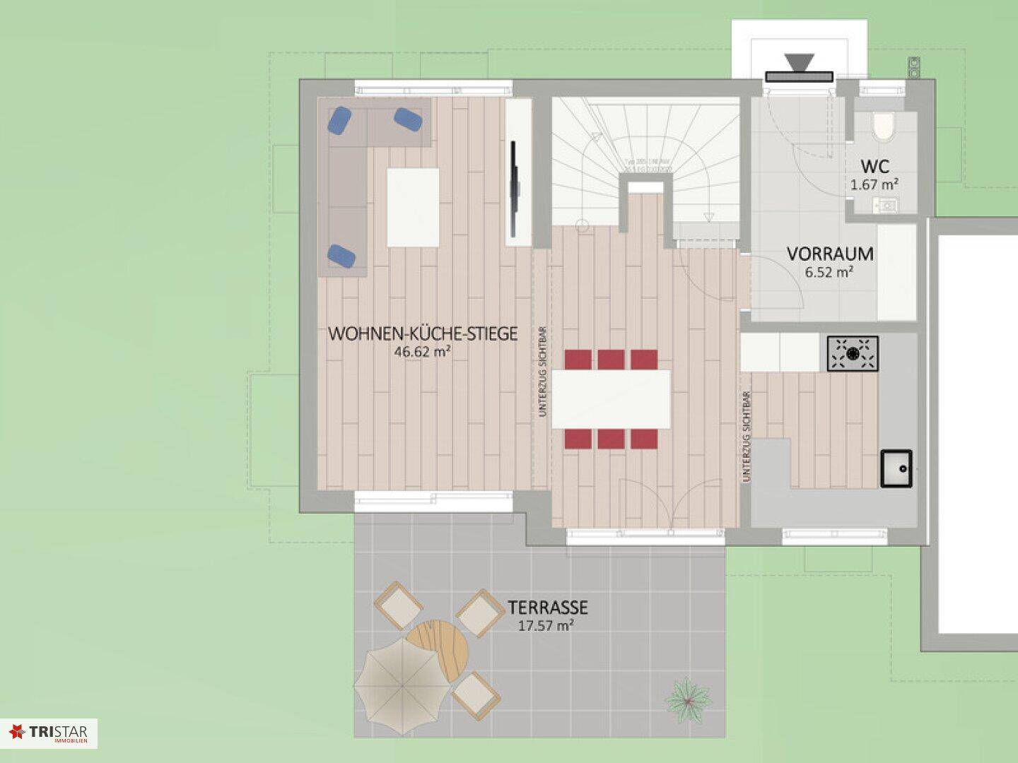 Grundriss des Erdgeschosses mit offenem Wohn-Küchenbereich, WC und großer Terrasse.